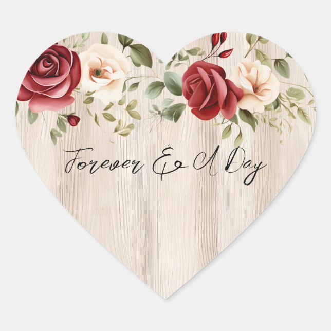 Romantische Rote Creme Rose Imitate Wood Wedding Herz-Aufkleber (Vorderseite)
