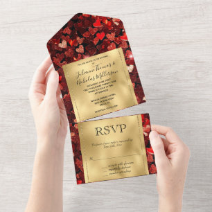 Romantische rote Gold glitzende Herzen Hochzeit All In One Einladung