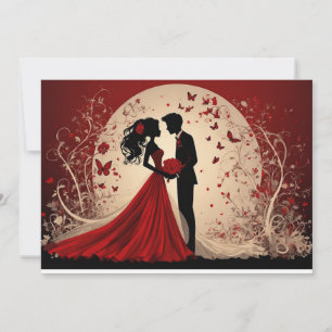 Romantische rote Hochzeitssilhouette von Braut und Einladung
