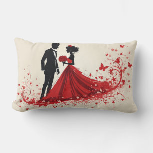 Romantische rote Hochzeitssilhouette von Braut und Lendenkissen
