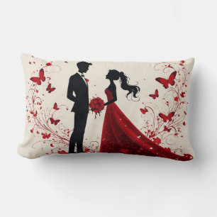 Romantische rote Hochzeitssilhouette von Braut und Lendenkissen