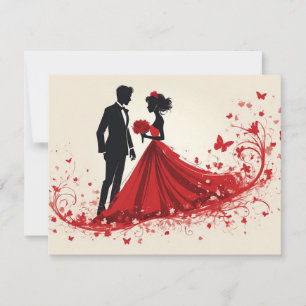 Romantische rote Hochzeitssilhouette von Braut und Mitteilungskarte