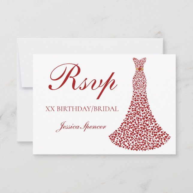 Romantische Rote Liebe Herzkleid Bridal Geburtstag RSVP Karte (Vorderseite)