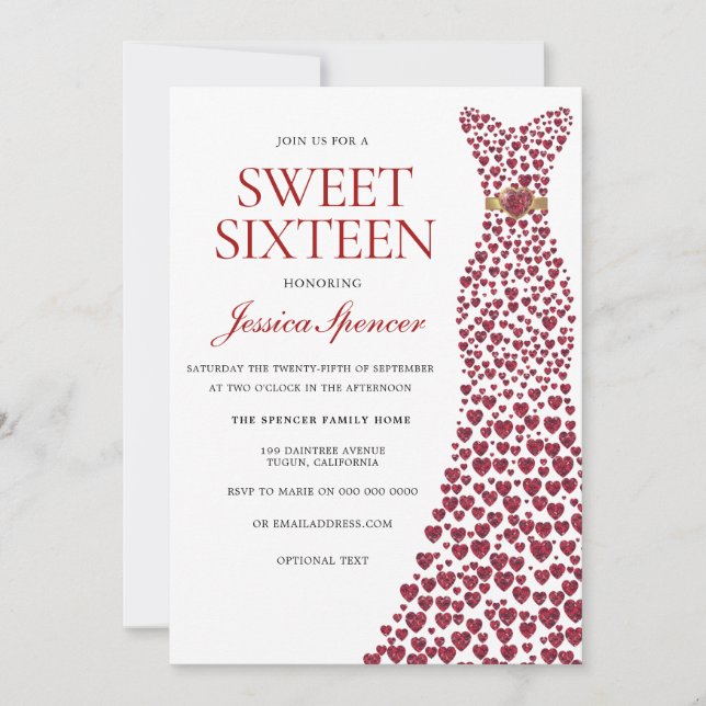 Romantische Rote Liebe Herzkleid Sweet 16 Einladun Einladung (Vorderseite)