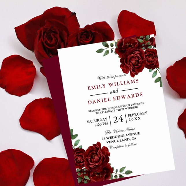 Romantische Rote Rose Burgund Elegante Hochzeit Einladung (Von Creator hochgeladen)
