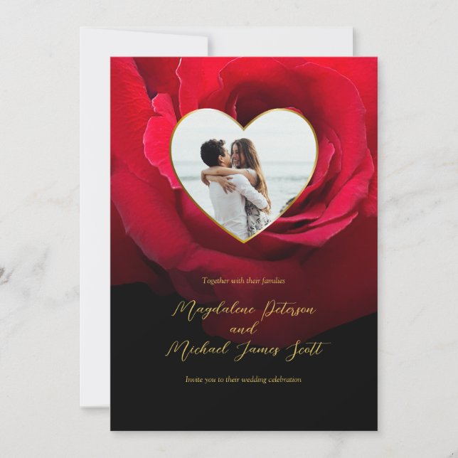 Romantische Rote Rose Herz Foto Hochzeit Einladung (Vorderseite)