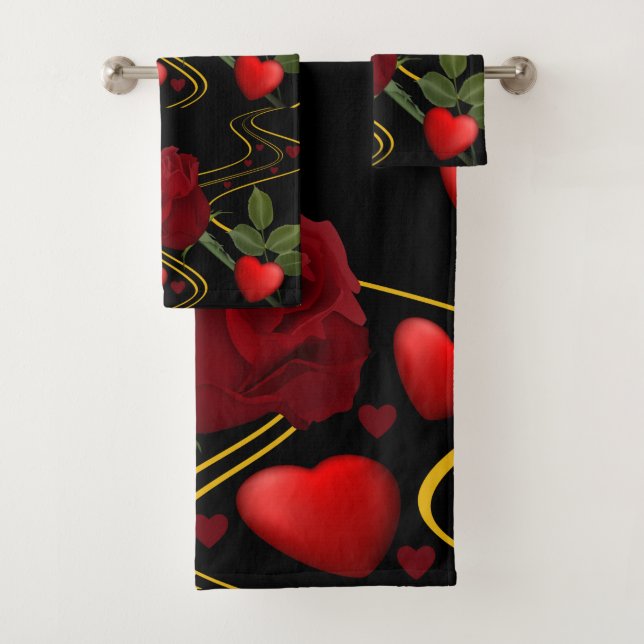Romantische Rote Rose Herz und Goldband Badhandtuch Set (Insitu)