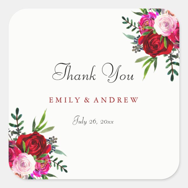 Romantische Rote Rose Hochzeit Dankeschön Sticker (Vorderseite)