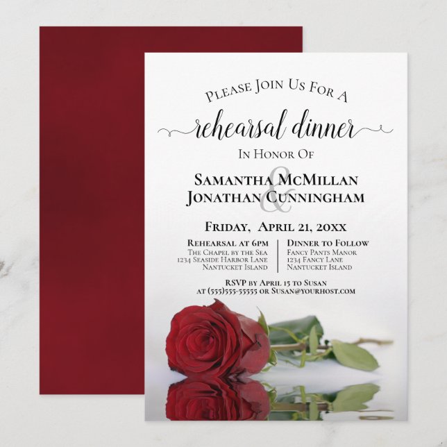 Romantische Rote Rose Hochzeit Probe & Abendessen Einladung (Vorne/Hinten)
