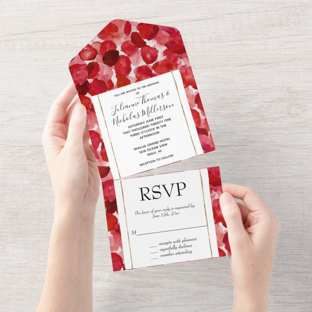 Romantische Rote Rose Petals Hochzeit All In One Einladung (Abreißen)