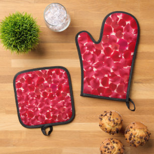Romantische Rote Rose Petals Küche Ofenhandschuh & Topflappen-Set