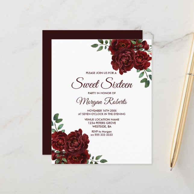 Romantische Rote Rose Sweet 16 Budget Einladung (Vorderseite/Rückseite Beispiel)