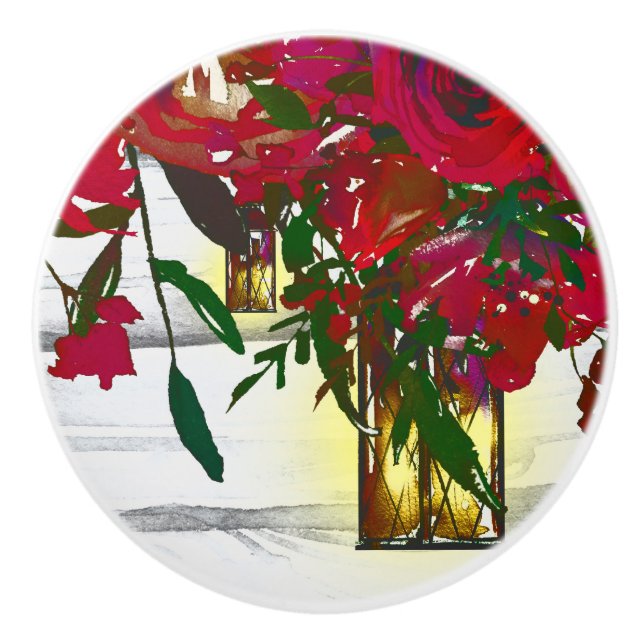 Romantische Rote Rose und Laterne Rustikal Keramikknauf (Vorderseite)