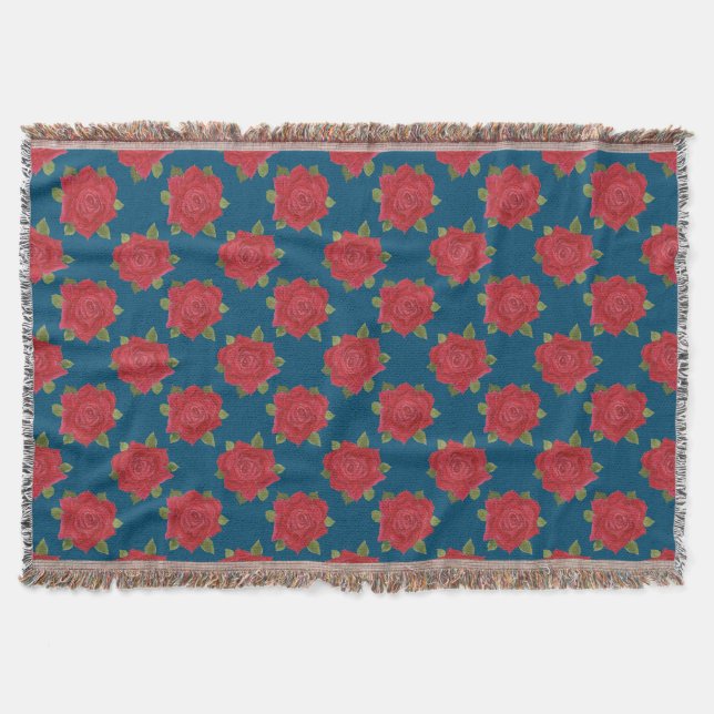 Romantische Rote Rosen auf dem Blue Custom Throw B Decke (Vorderseite)