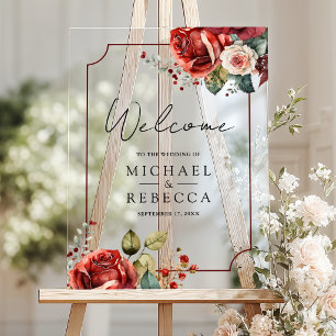 Romantische rote Rosen Blumen Hochzeitsbegrüßung Acrylschild