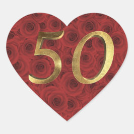 Romantische Rote Rosen Blumenherz Golden Number 50 Herz-Aufkleber