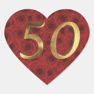 Romantische Rote Rosen Blumenherz Golden Number 50 Herz-Aufkleber