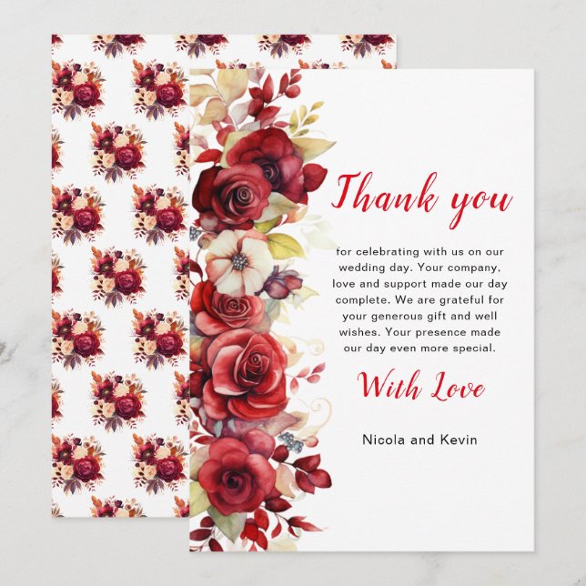 Romantische Rote Rosen Blumenhochzeit Dankeskarte (Vorne/Hinten)