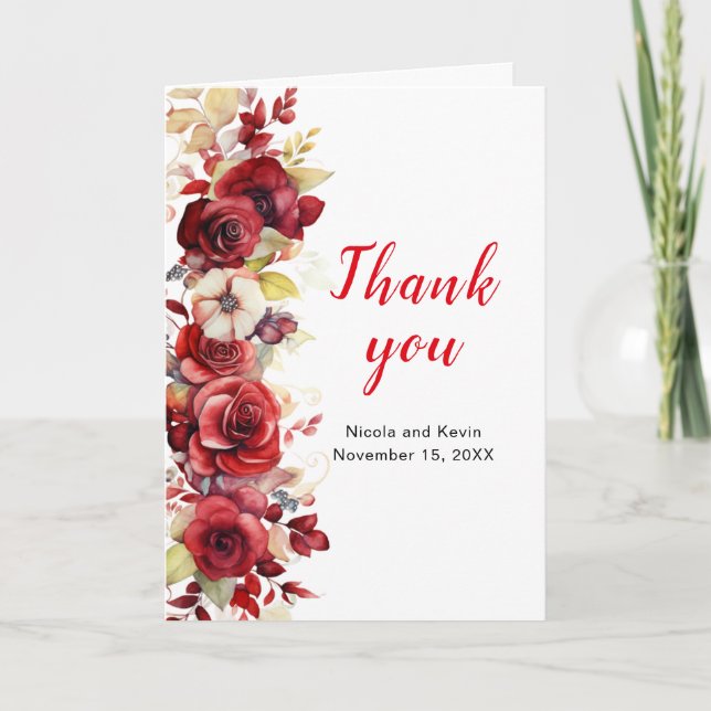 Romantische Rote Rosen Blumenhochzeit Dankeskarte (Vorderseite)