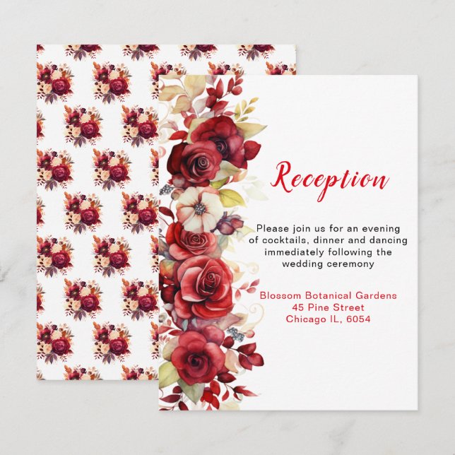 Romantische Rote Rosen Blumenhochzeit Empfang Begleitkarte (Vorne/Hinten)