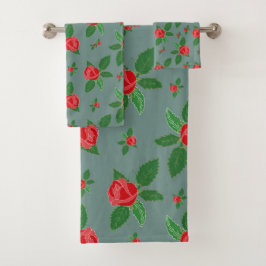 Romantische Rote Rosen Blumenmuster Grüne Blätter  Badhandtuch Set