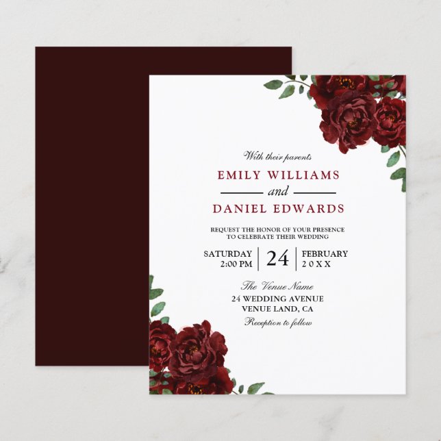 Romantische Rote Rosen Budget Hochzeitseinladung (Vorne/Hinten)