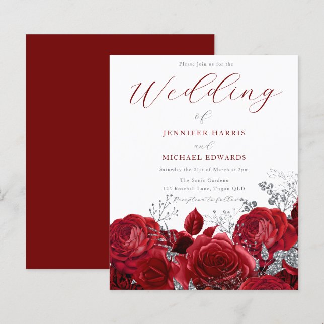 Romantische Rote Rosen Budget Hochzeitseinladung (Vorne/Hinten)