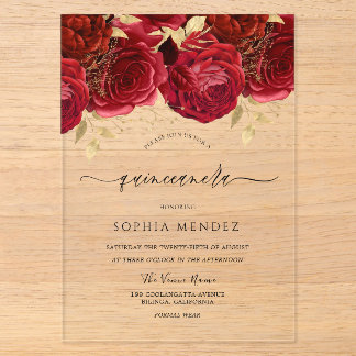 Romantische Rote Rosen Elegantes Quinceanera Party Acryleinladungen