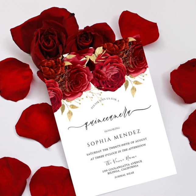 Romantische Rote Rosen Elegantes Quinceanera Party Einladung (Von Creator hochgeladen)