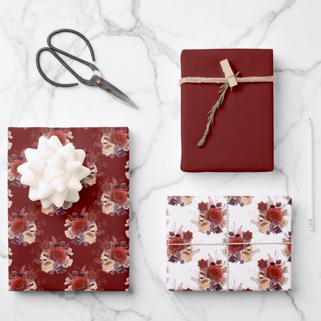Romantische Rote Rosen Geschenkpapier Set (Vorderseite)