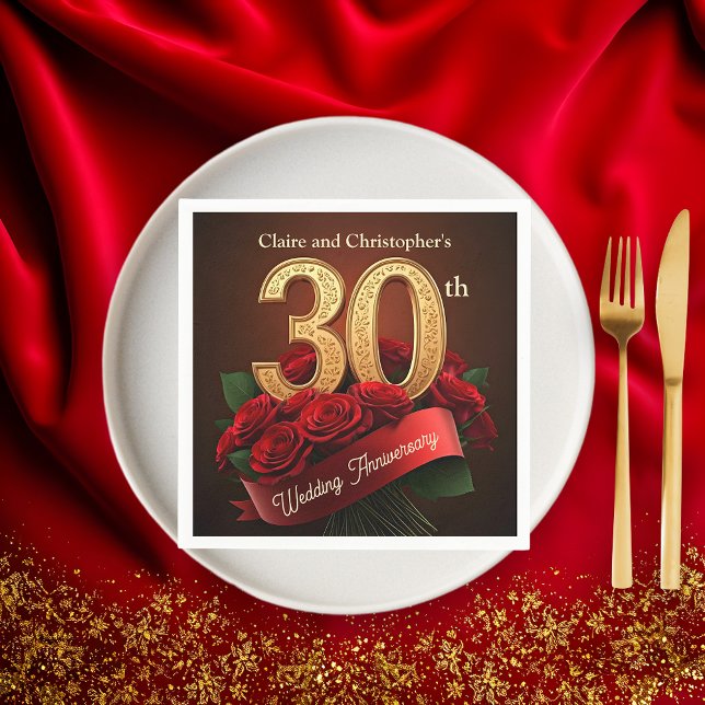 Romantische Rote Rosen Gold 30. Hochzeitstag Serviette (Von Creator hochgeladen)