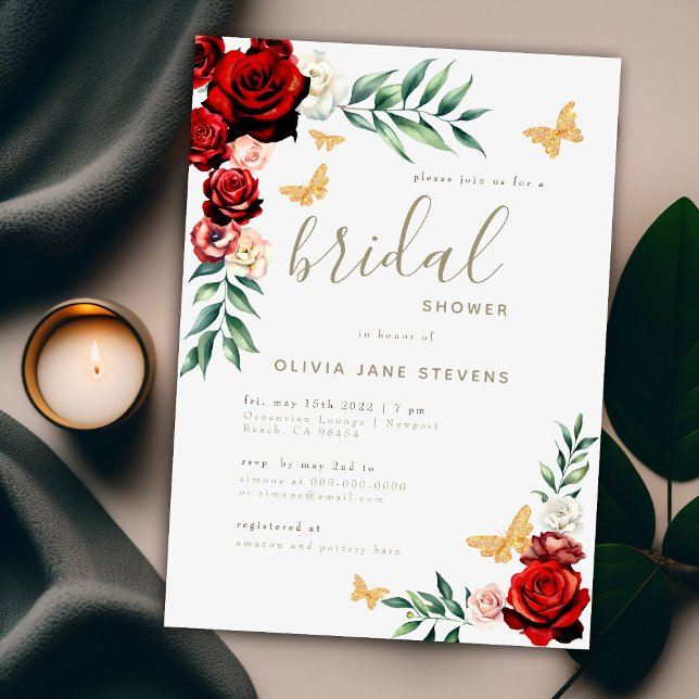 Romantische Rote Rosen Gold Butterfets Brautparty Einladung (Von Creator hochgeladen)