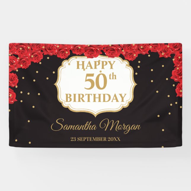 Romantische rote Rosen Gold Glitzer Schwarz Brithd Banner (Horizontal)