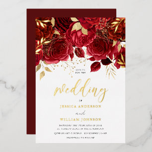 Romantische Rote Rosen & Goldleaf-Hochzeit Folieneinladung