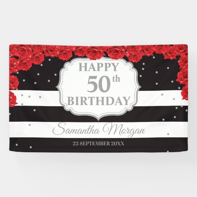 Romantische rote Rosen, silberfarbener Glitzer Banner (Horizontal)