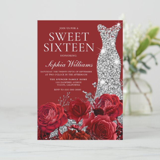 Romantische Rote Rosen Silver Diamond Gown Sweet 1 Einladung (Stehend Vorderseite)