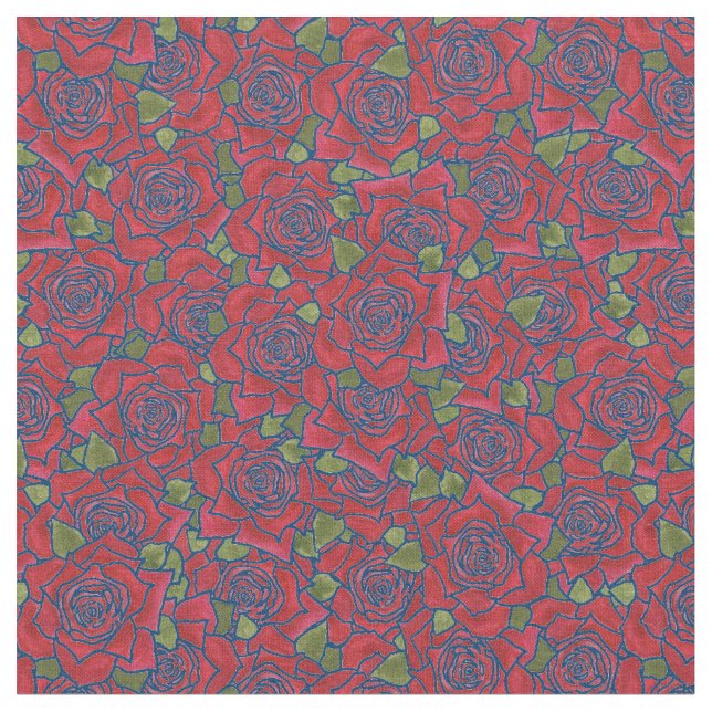 Romantische Rote Rosen über blaues Muster Stoff (Nahaufnahme)
