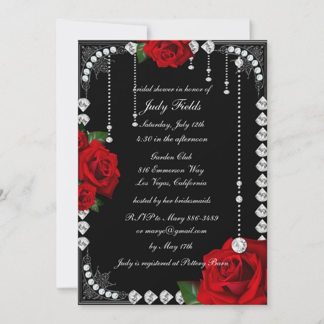 Romantische Rote Rosen und Diamanten Brautparty Einladung (Vorderseite)