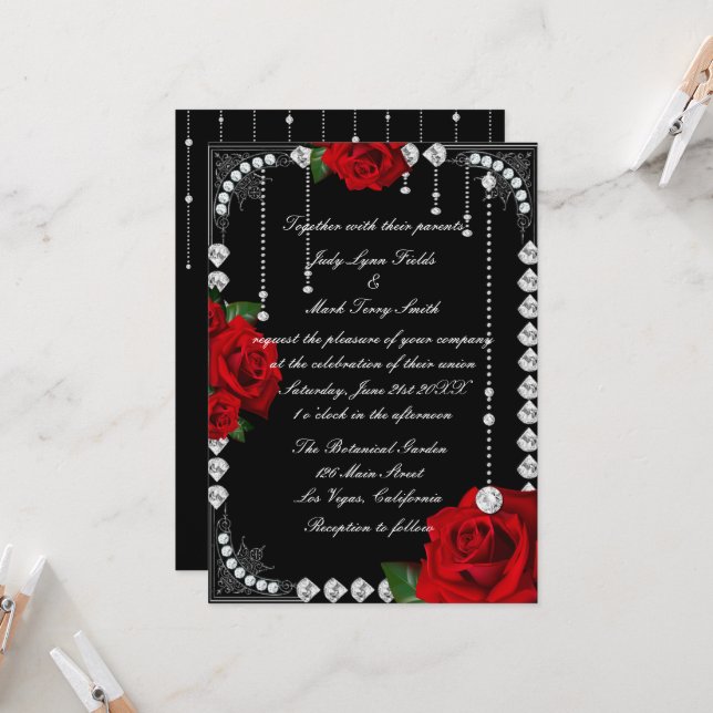 Romantische Rote Rosen und Diamanten Einladung (Vorderseite/Rückseite Beispiel)