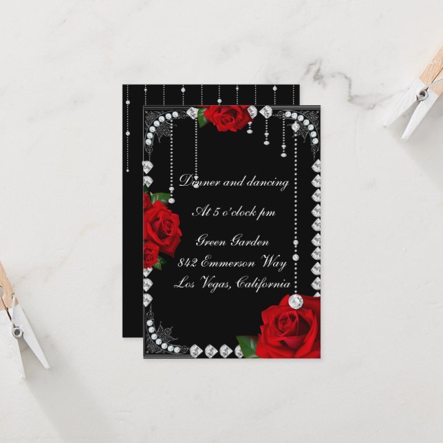 Romantische Rote Rosen und Diamanten Empfang Card Einladung (Vorderseite/Rückseite Beispiel)