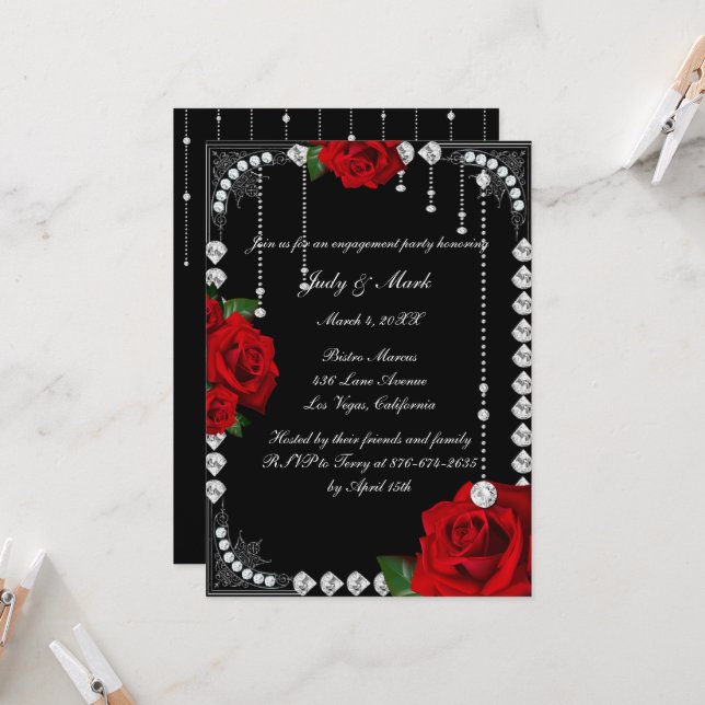 Romantische Rote Rosen und Diamanten-Engagement-Pa Einladung (Vorderseite/Rückseite Beispiel)