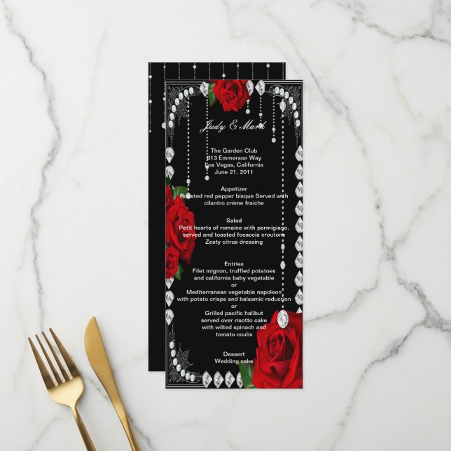 Romantische Rote Rosen und Diamanten-Hochzeitmenü Menükarte (Vorderseite/Rückseite Beispiel)