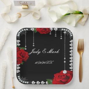 Romantische Rote Rosen und Diamanten Pappteller