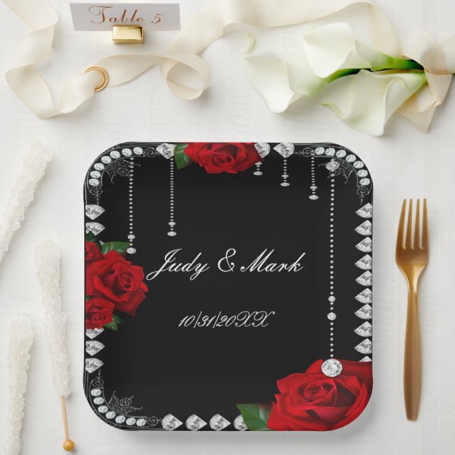 Romantische Rote Rosen und Diamanten Pappteller (Hochzeit)
