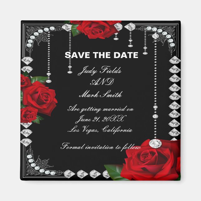 Romantische Rote Rosen und Diamanten Save the Date Magnet (Vorne)