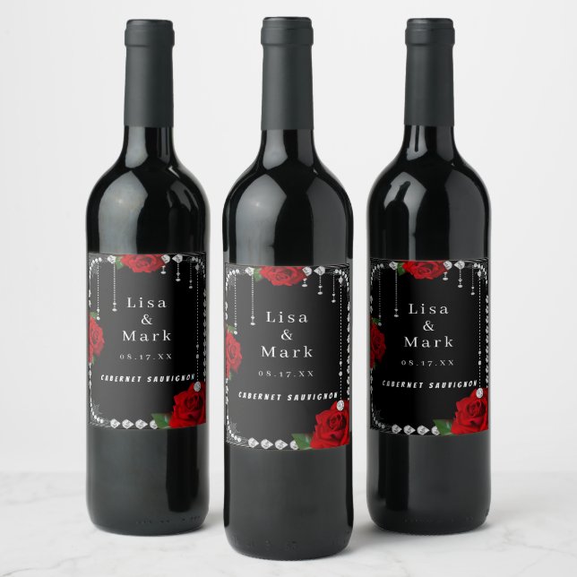 Romantische Rote Rosen und Diamantweinmarken Weinetikett (Flaschen)