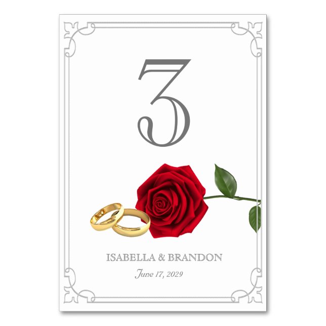 Romantische Rote Rosen und Rings Wedding Tischnummer (Vorderseite)