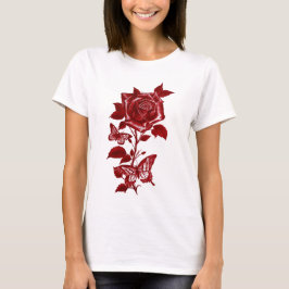Romantische rote Tintenschrose und Schmetterlinge  T-Shirt