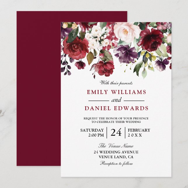 Romantische Rote Wasserfarbe Botanische Hochzeit Einladung (Vorne/Hinten)