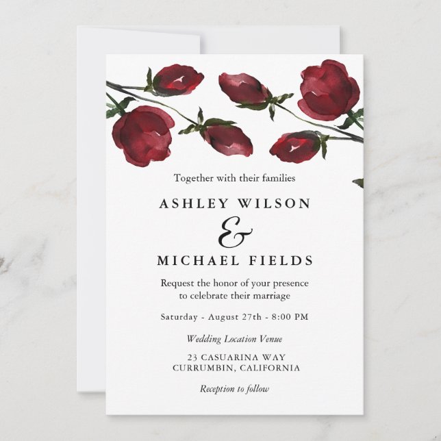 Romantische Rote Wasserfarben Blume White Wedding Einladung (Vorderseite)